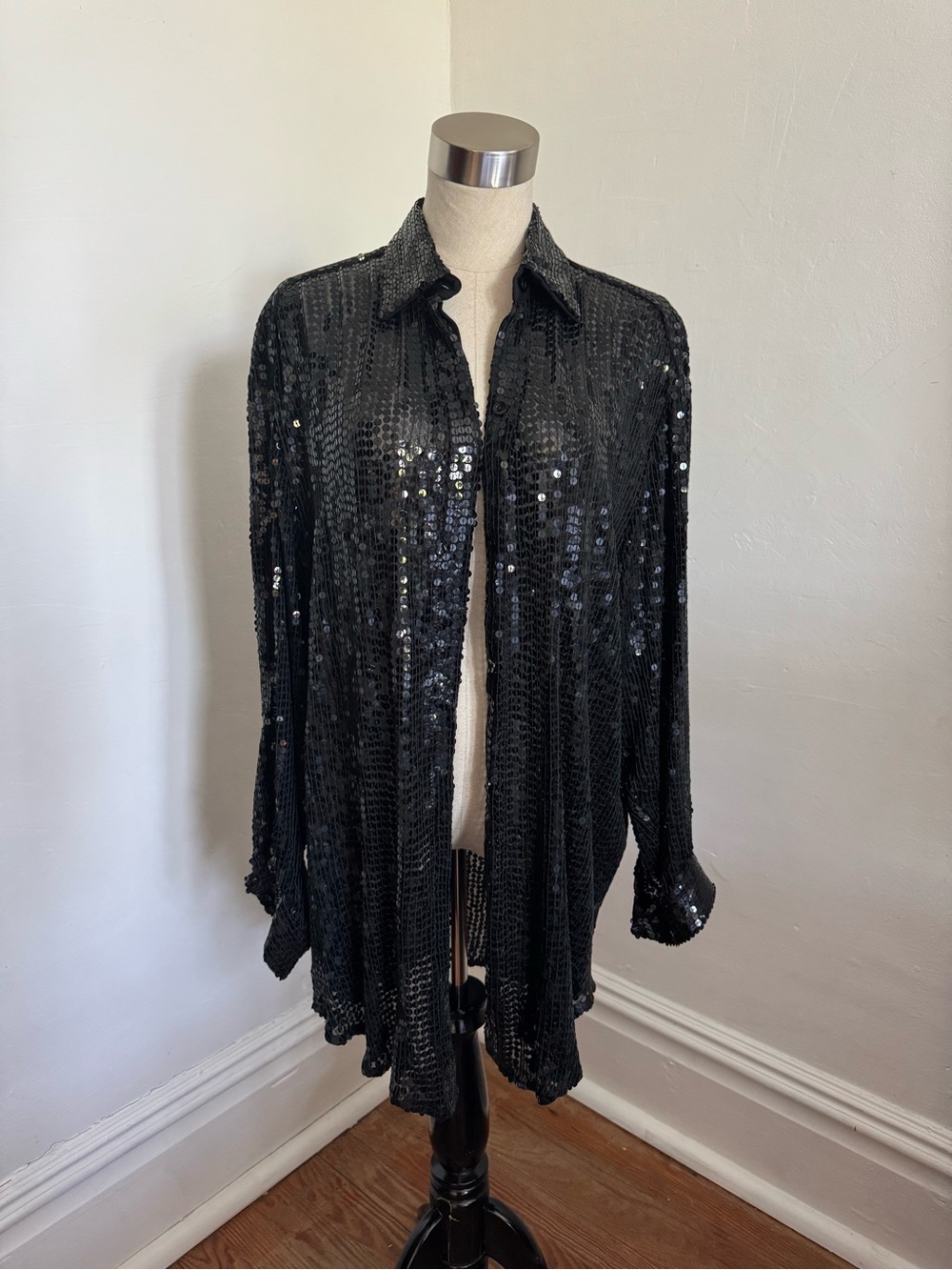 Black Sequin Button-Front Tunic Top